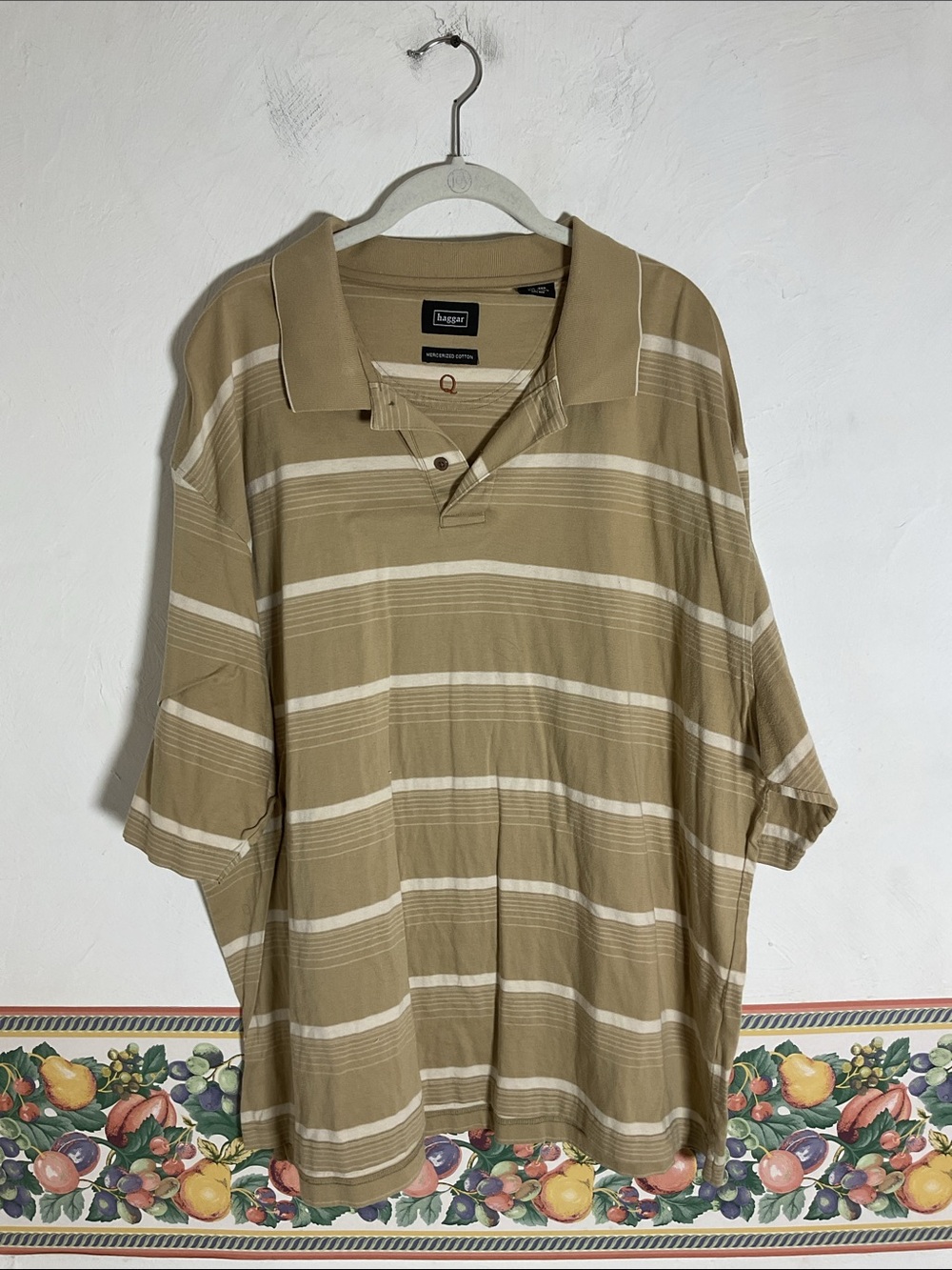Haggar Mercerized Cotton Striped Polo Shirt Size XXL Tan Beige White Knit